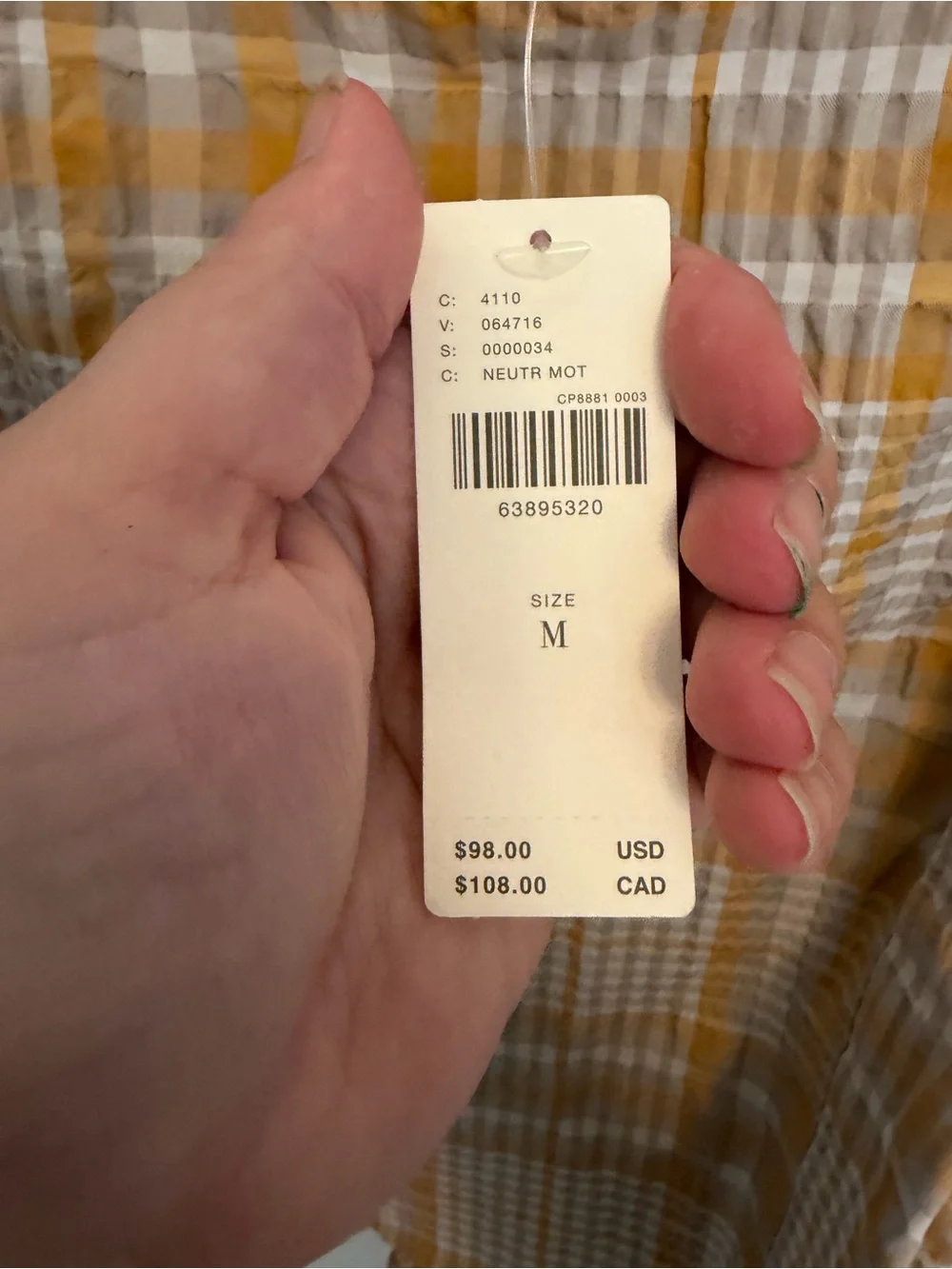 Anthropologie Mustard and Cream Plaid Puff-Sleeve Square-Neck Top